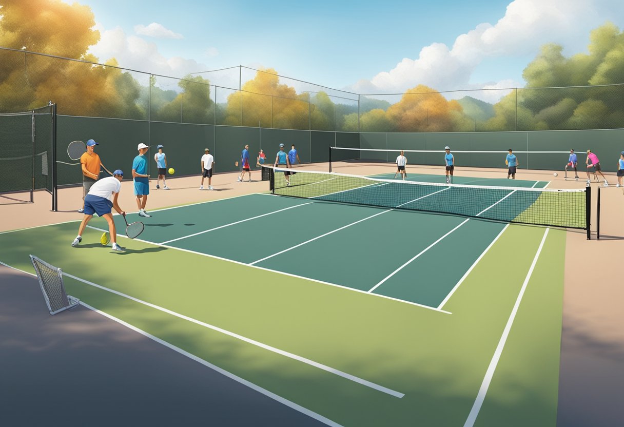 A pickleball court with a beginner practicing serving techniques, coach providing guidance, and fellow players observing and waiting their turn