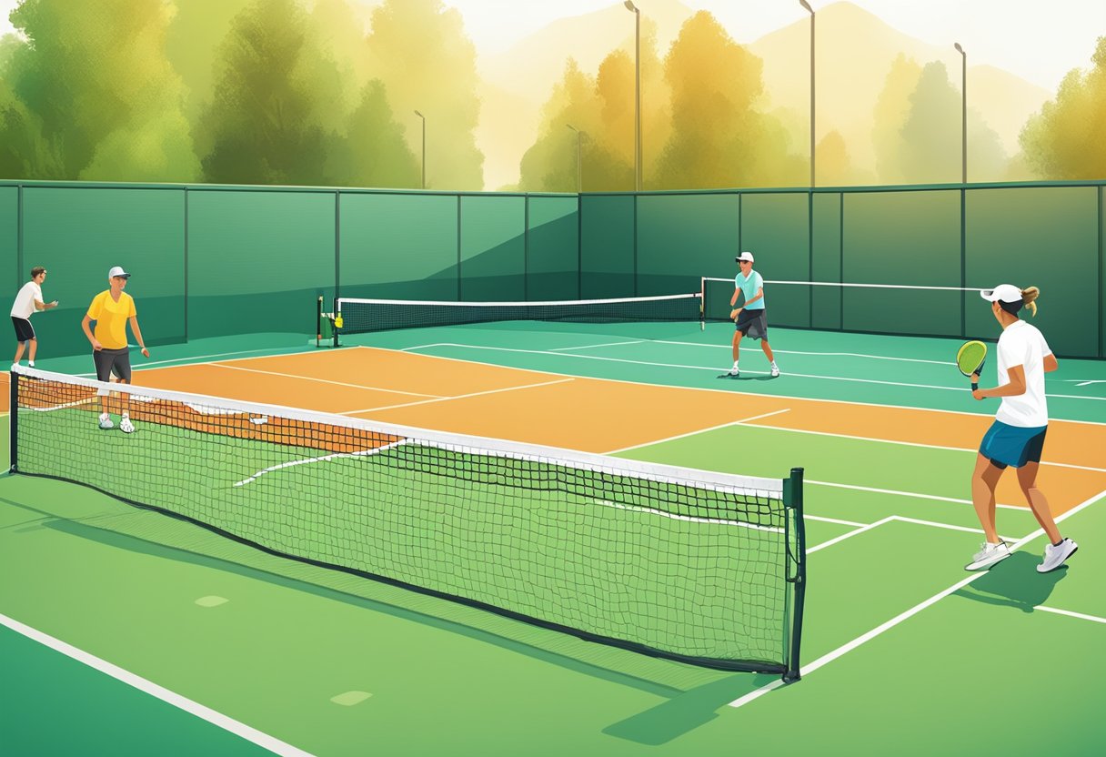 A pickleball court with a beginner practicing forehand and backhand shots, with a coach providing guidance